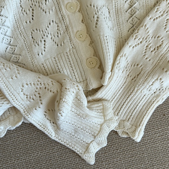 BEST NWT LoveShackFancy Petra Bow Pointelle Cropped Cardigan Ivory White Knit - Picture 7 of 10